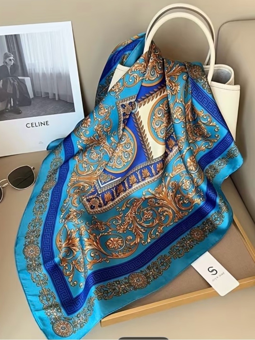 Blue & Gold Baroque Silk Scarf